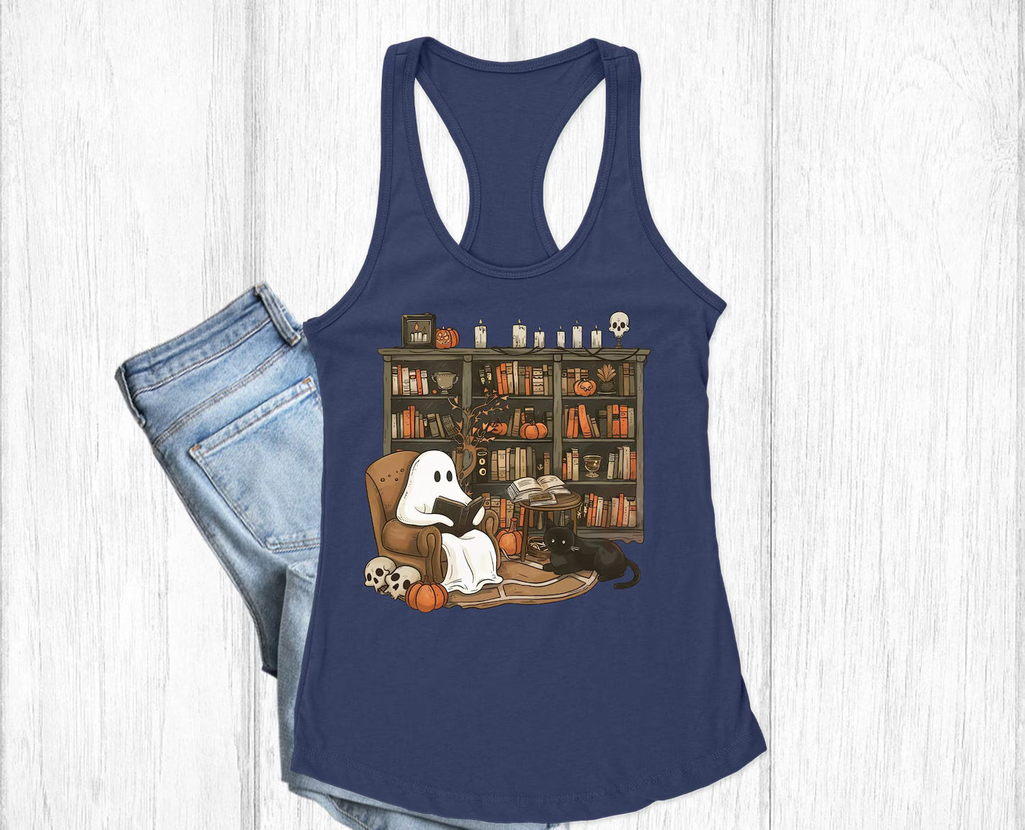Cozy Ghost Reading Shirt, Spooky Book Lover Halloween Tank Top, Cute Ghost Cat Fall Bookish Tee, LOCT tee, Halloween Shirt For Family Racerback