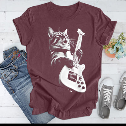 Rock Cat Playing Guitar Shirt: A Funny Guitar Cat T-Shirt Perfect for Cat Lovers and Rock Lovers Alike Woman T-Shirt