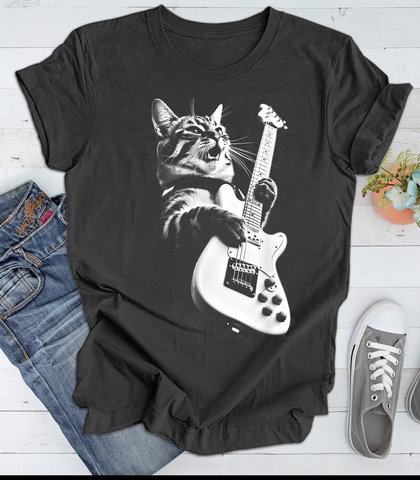 Rock Cat Playing Guitar Shirt: A Funny Guitar Cat T-Shirt Perfect for Cat Lovers and Rock Lovers Alike Woman T-Shirt