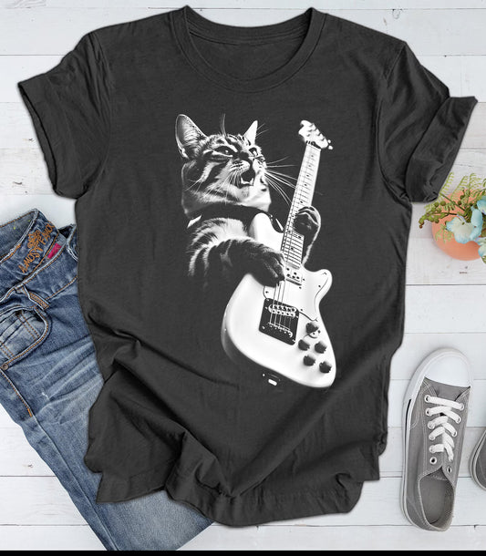 Rock Cat Playing Guitar Shirt: A Funny Guitar Cat T-Shirt Perfect for Cat Lovers and Rock Lovers Alike Woman T-Shirt