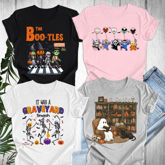 The Boo-Tles Halloween Shirt, Retro Ghost Reading Books Tee, Librarian Ghost Halloween, It Was A Graveyard Smash Shirt,Halloween Balloon Tee Woman T-Shirt