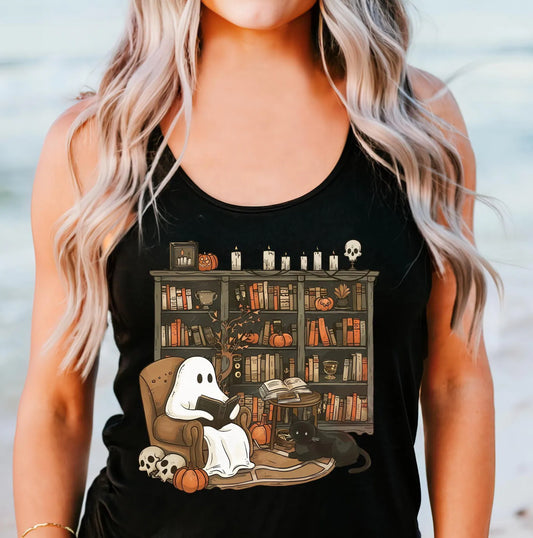 Cozy Ghost Reading Shirt, Spooky Book Lover Halloween Tank Top, Cute Ghost Cat Fall Bookish Tee, LOCT tee, Halloween Shirt For Family Racerback